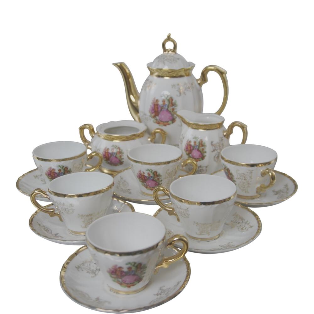 Vintage Sterling China Japan 15 Pc Tea Set Courting Couple Gold Gilt Floral